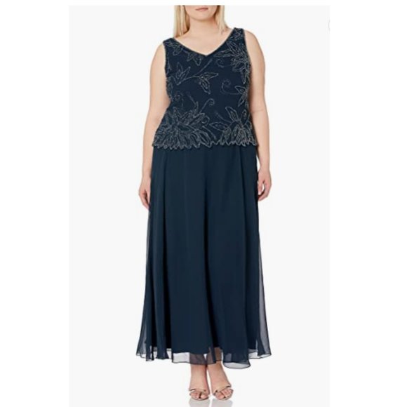 J Kara Womens Navy Back Zip Beaded Long Dress Only Size16 - Picture 1 of 4
